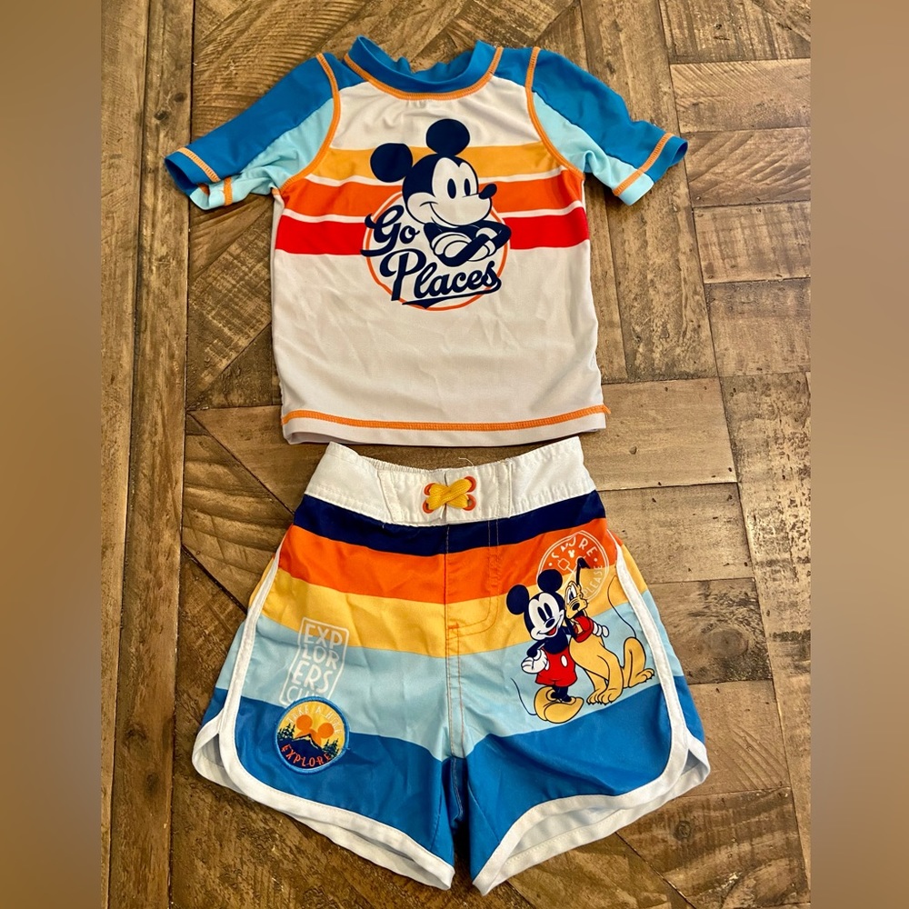 Disney Mickey Mouse and Pluto swim trunks and rash guard size 2T